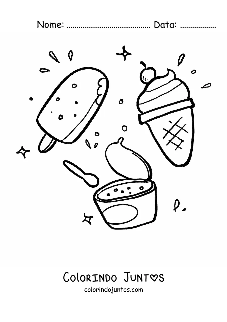 Desenho para colorir de um sorvete de pote ao lado de um picolé e um sorvete de casquinha