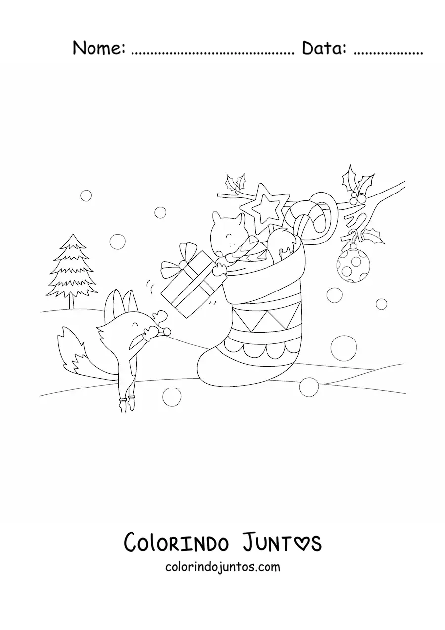 Desenho para colorir de esquilo kawaii em uma meia natalina entregando um presente a uma raposa kawaii