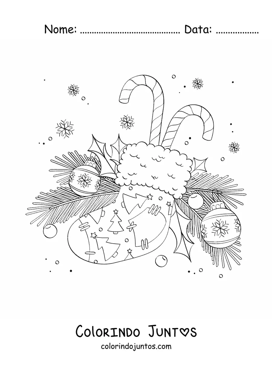 Desenho para colorir de meia natalina com bengalas de doce, bolas de Natal e ramos de pinheiro