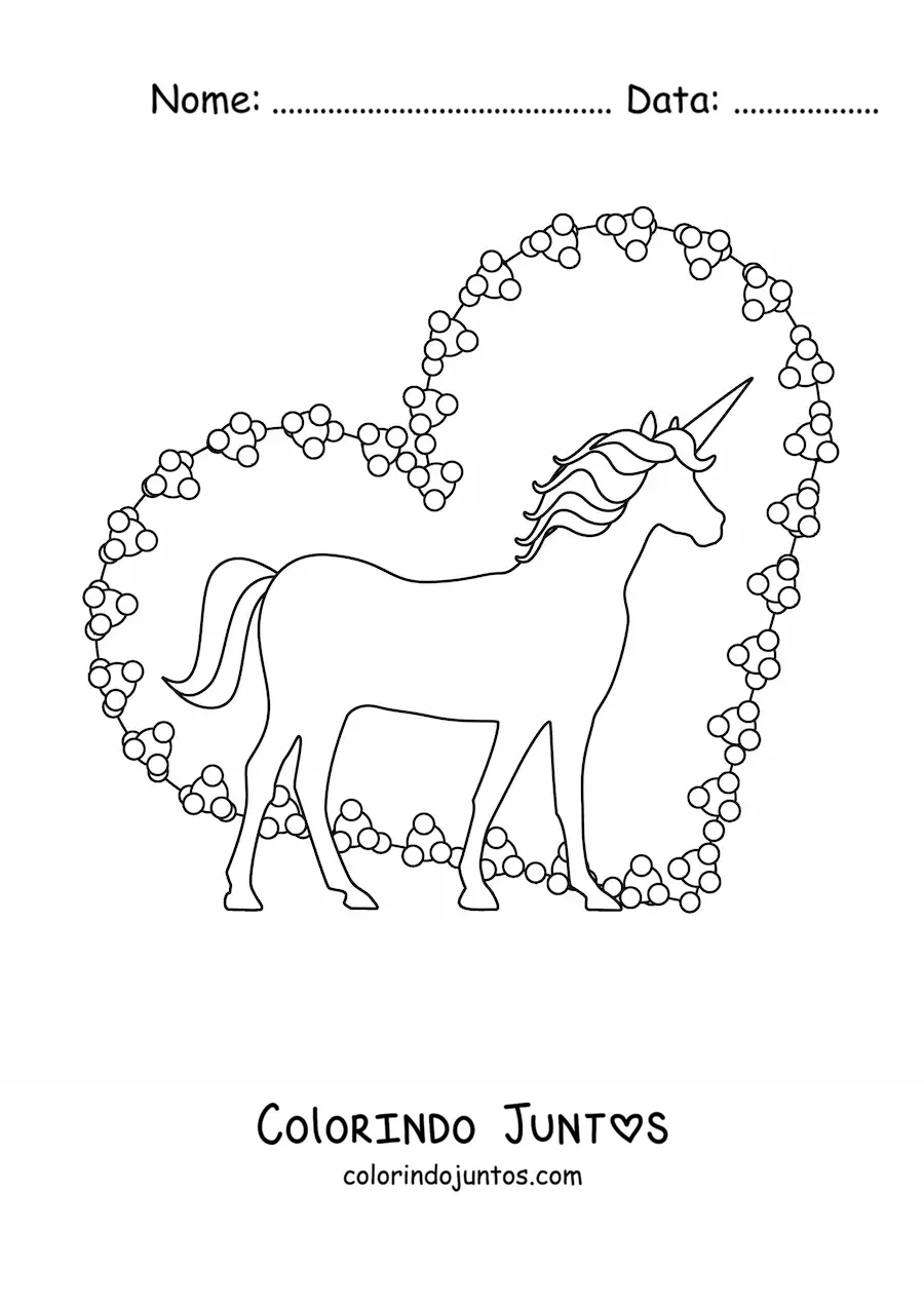 Desenho para colorir da silhueta de um unicórnio com um coração ao fundo
