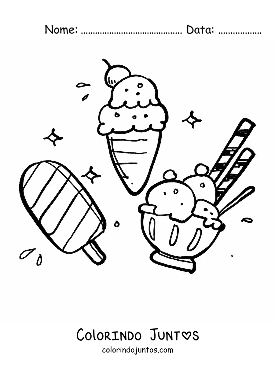 Desenho para colorir de um picolé com uma taça de sorvete e uma casquinha