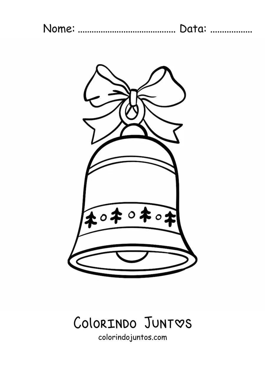 Desenho para colorir de sino natalino com laço e pinheiros
