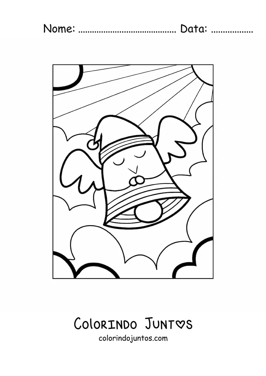 Desenho para colorir de sino natalino animado com gorro de Papai Noel