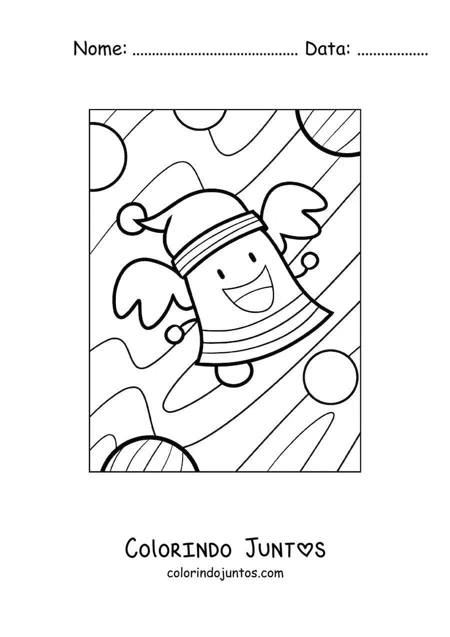Desenho para colorir de sino natalino animado com gorro de Papai Noel