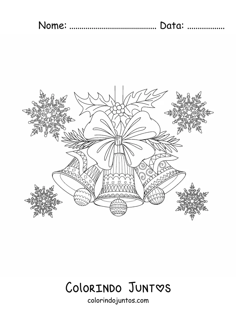 Desenho para colorir de sinos natalinos decorados com flocos de neve