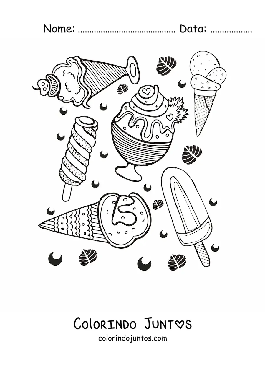 Desenho para colorir de vários tipos de sorvetes