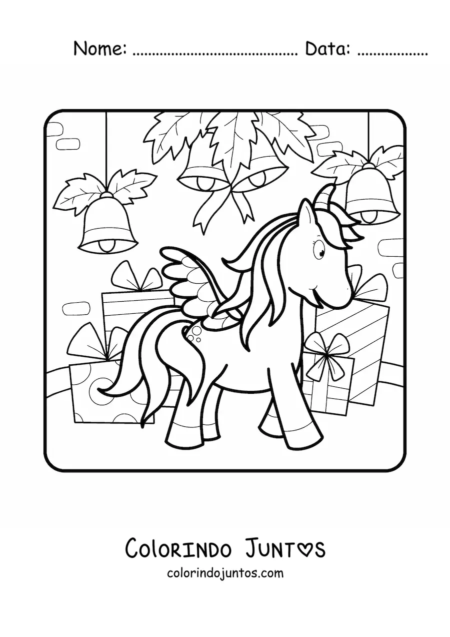 Desenho para colorir de unicórnio com sinos de Natal