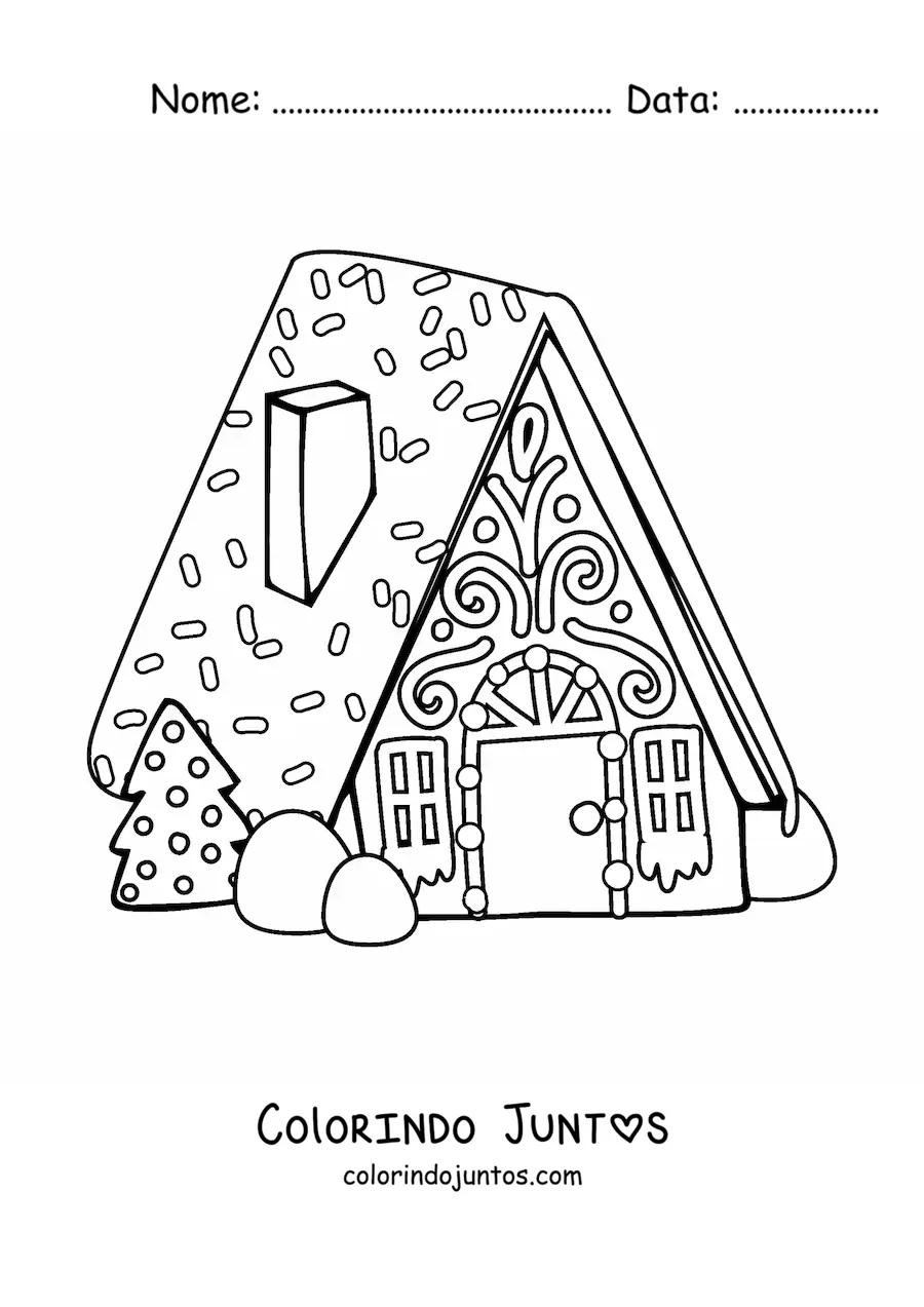 Desenho para colorir de casa de gengibre com árvore de Natal