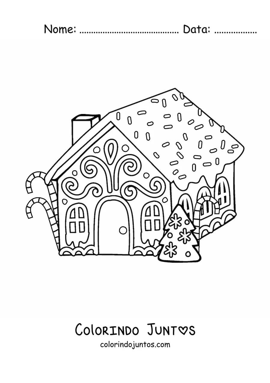 Desenho para colorir de casa de gengibre com árvore de Natal e bengalas de doce