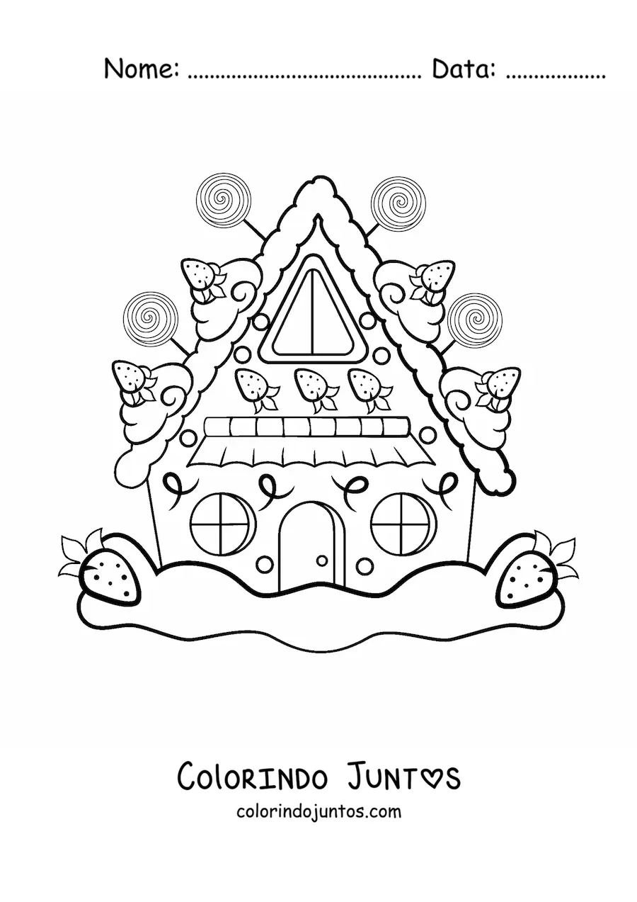 Desenho para colorir de casa de gengibre kawaii com morangos