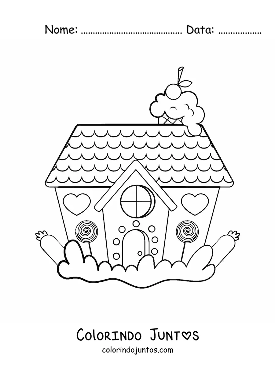 Desenho para colorir de casa de gengibre kawaii com corações