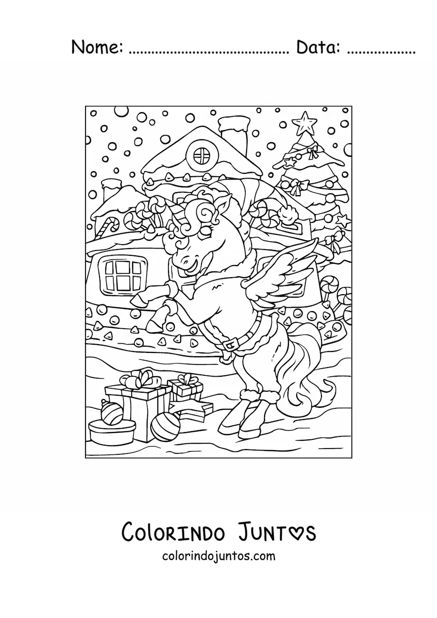 Desenho para colorir de unicórnio animado com casa de gengibre