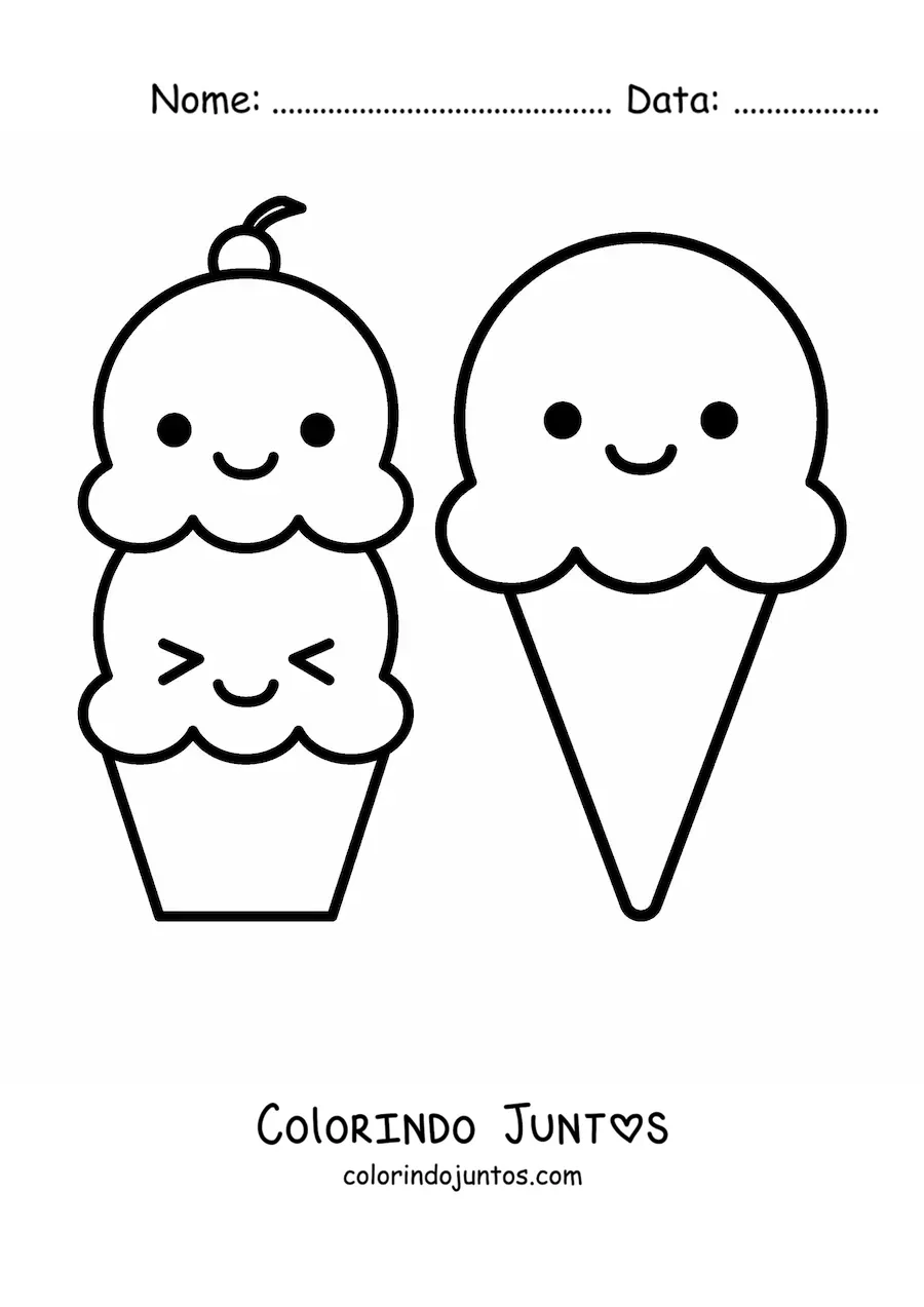 Desenho para colorir de um sorvete de dois sabores e um sorvete de casquinha kawaii