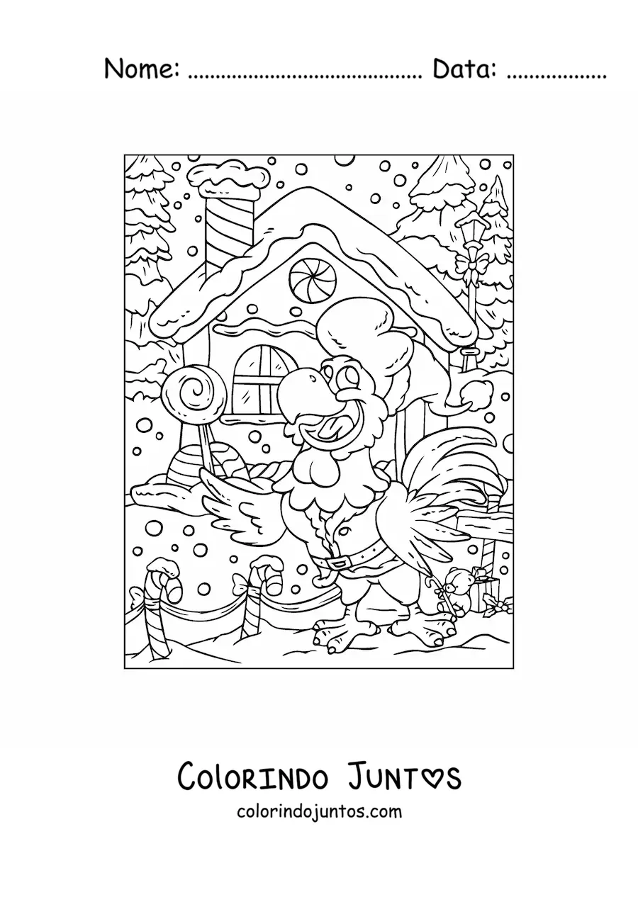 Desenho para colorir de papagaio animado com casa de gengibre