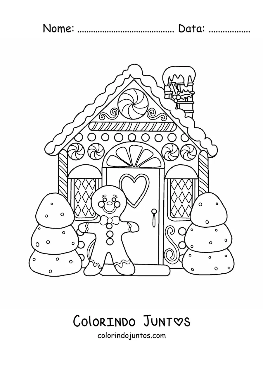 Desenho para colorir de casa de gengibre natalina com boneco de gengibre