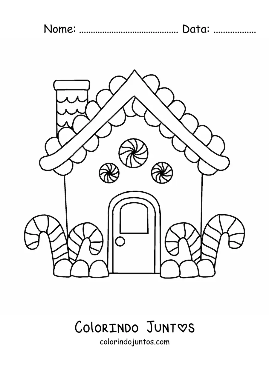Desenho para colorir de casinha de gengibre com bengalas de doce