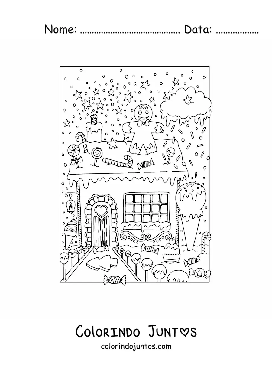 Desenho para colorir de casinha de gengibre com jardim