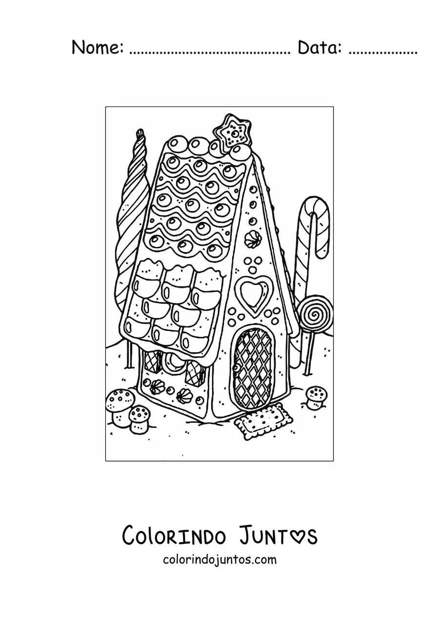 Desenho para colorir de casinha de gengibre realista com jardim