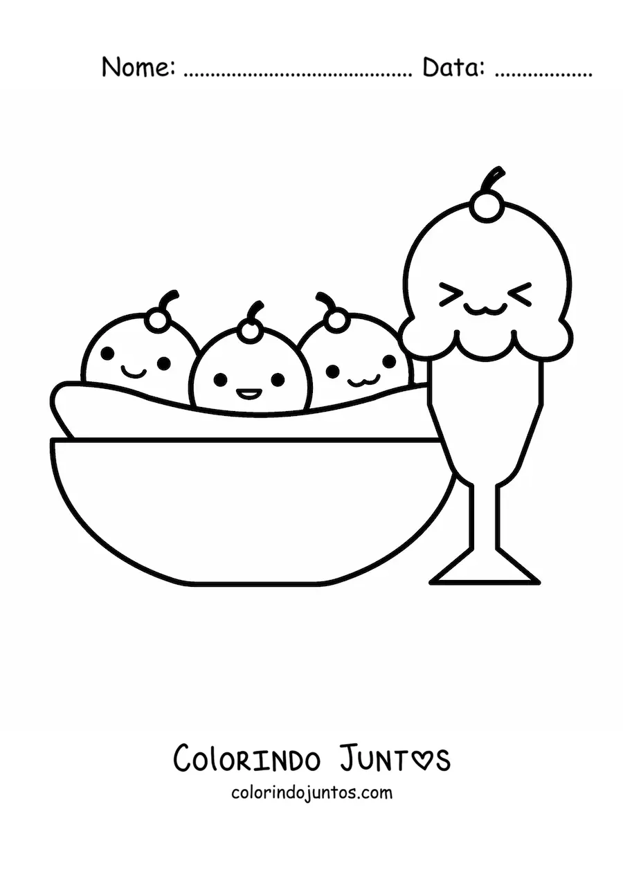 Desenho para colorir de um banana split e um sorvete de taça kawaii
