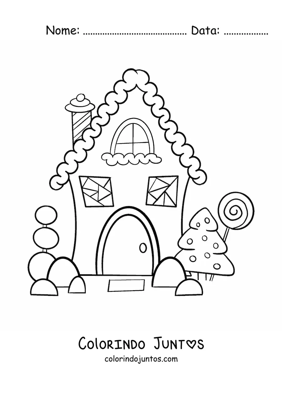 Desenho para colorir de casinha de gengibre com pinheiro natalino