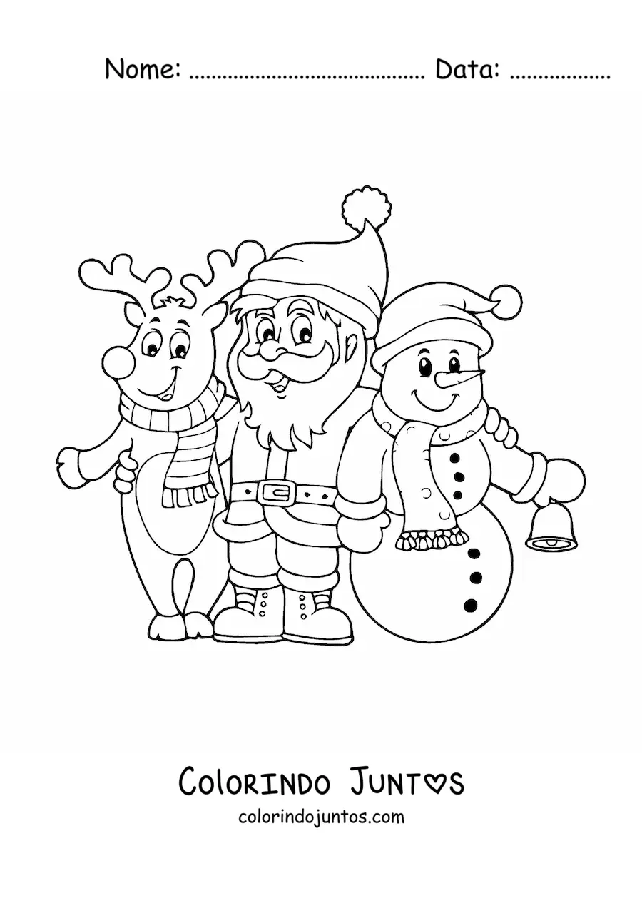 Desenho para colorir de rena natalina com Papai Noel e boneco de neve