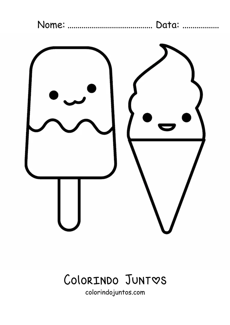 Desenho para colorir de um picolé e um sorvete de casquinha kawaii