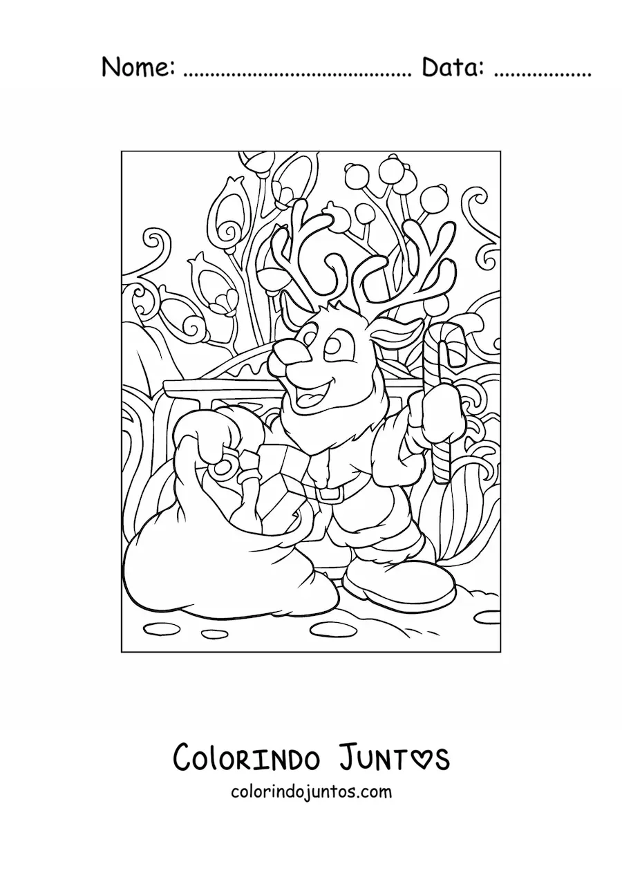 Desenho para colorir de rena natalina animada com presentes