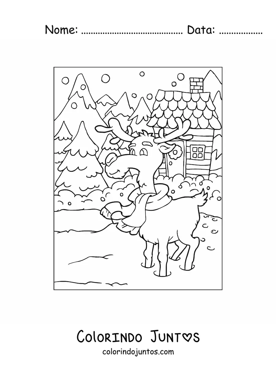 Desenho para colorir de rena natalina animada na neve