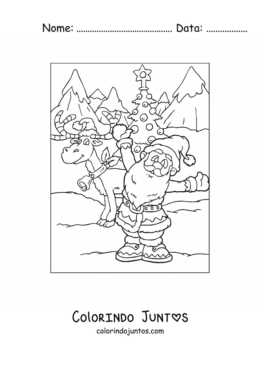 Desenho para colorir de rena natalina animada com Papai Noel