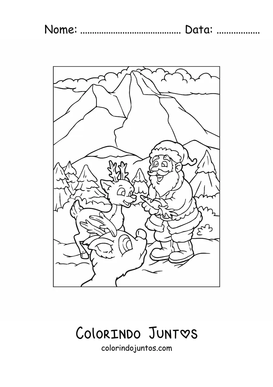Desenho para colorir de renas natalinas animadas com Papai Noel