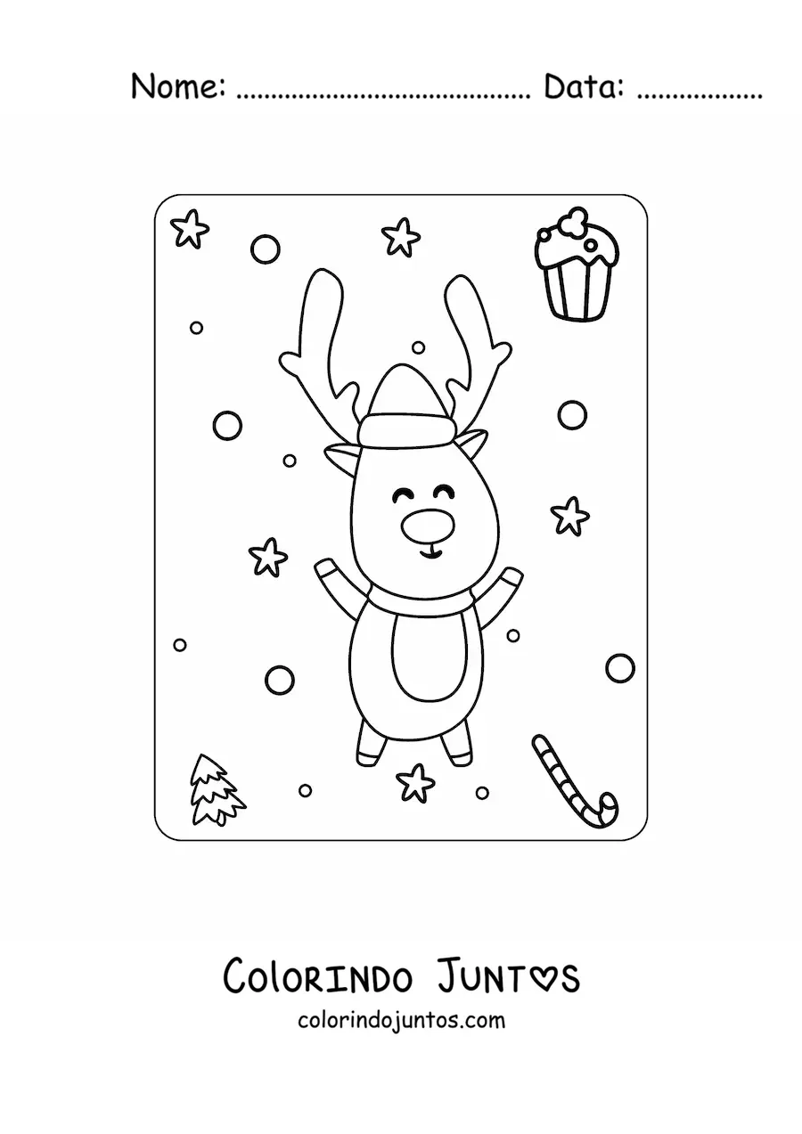 Desenho para colorir de rena de Natal animada com gorro