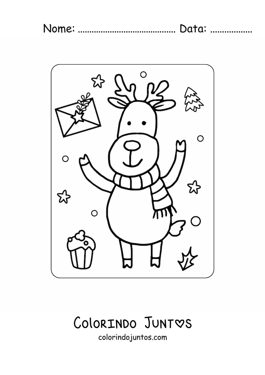 Desenho para colorir de rena de Natal kawaii animada com cachecol