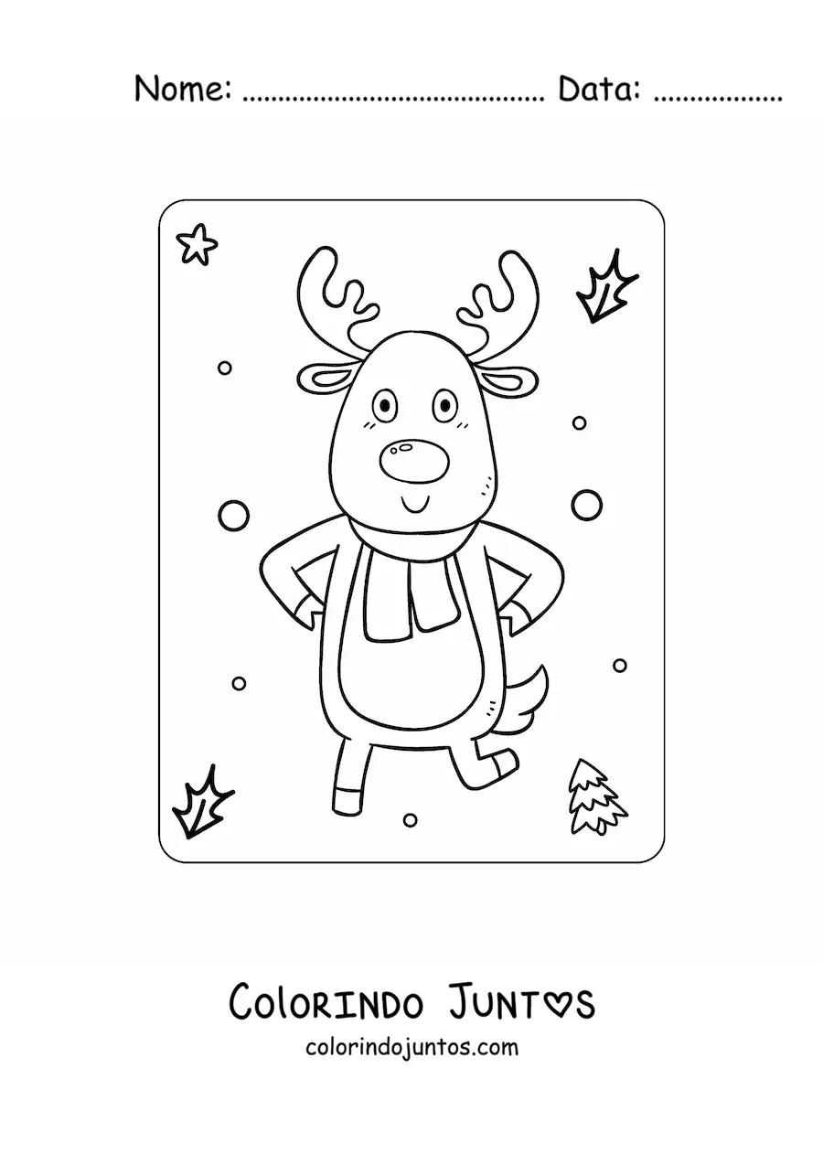 Desenho para colorir de rena de Natal animada com cachecol