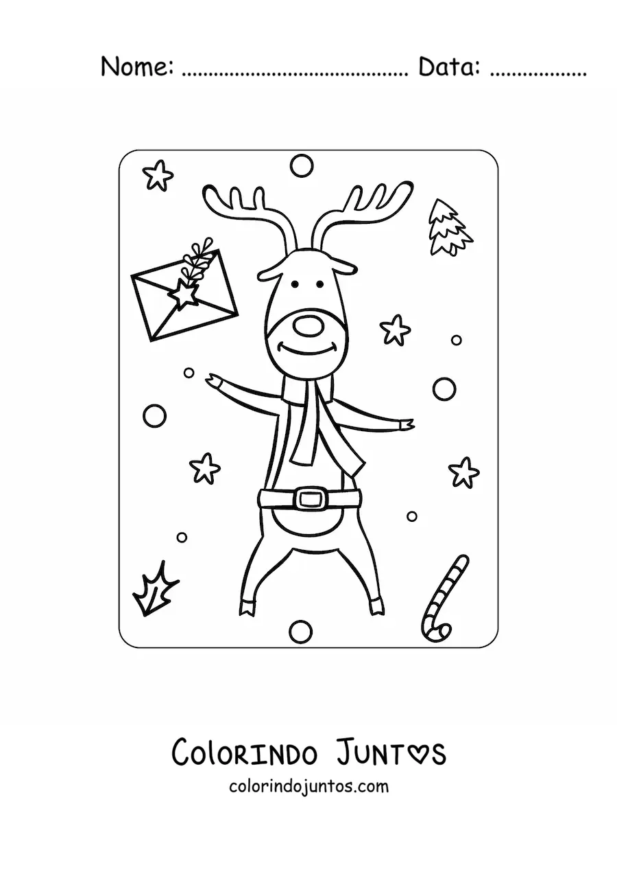 Desenho para colorir de rena de Natal animada com cachecol