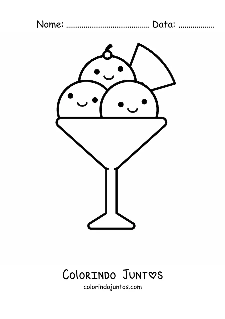 Desenho para colorir de uma taça de sorvete kawaii