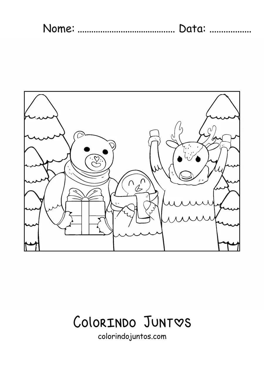 Desenho para colorir de rena de Natal com animais e presentes