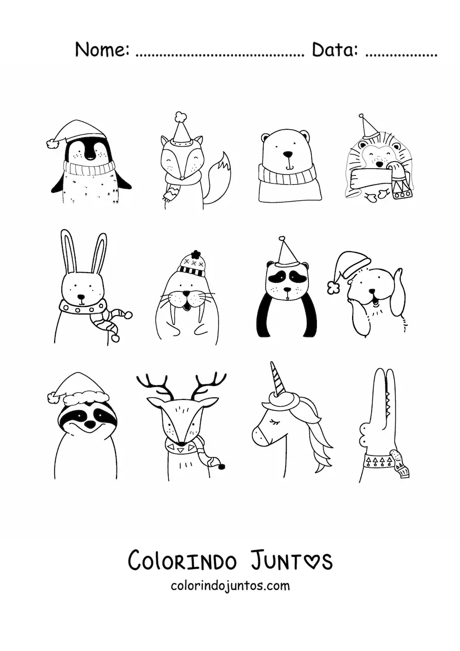 Desenho para colorir de rena de Natal com animais natalinos