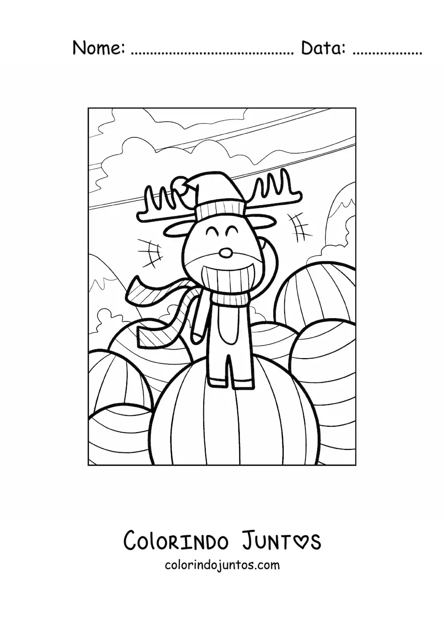 Desenho para colorir de rena de Natal com gorro de Papai Noel animada