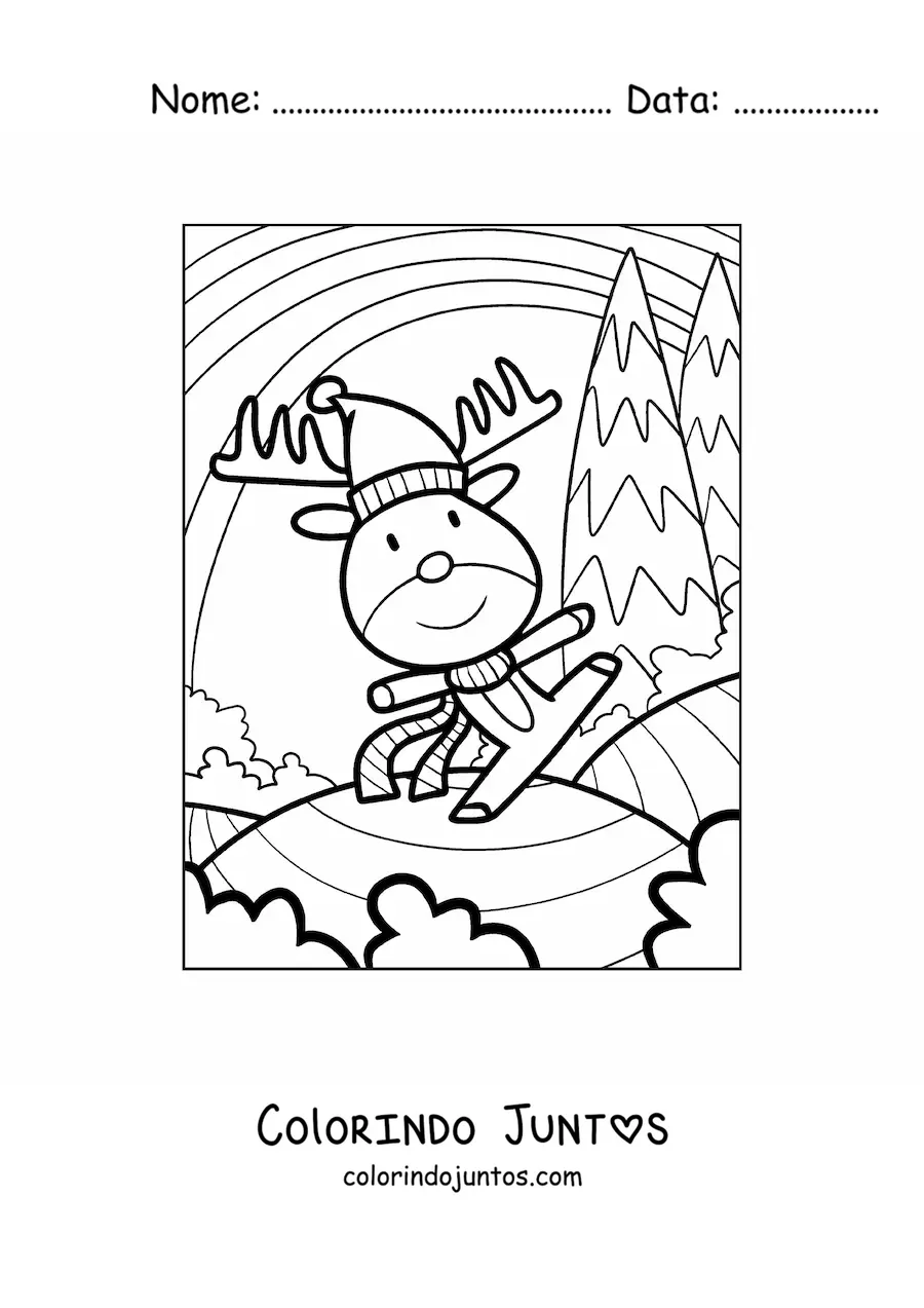 Desenho para colorir de rena de Natal com gorro de Papai Noel animada
