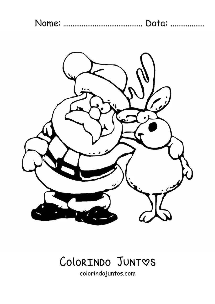 Desenho para colorir de rena de Natal com Papai Noel