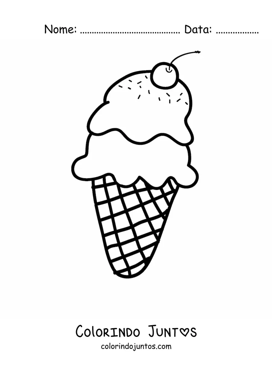 Desenho para colorir de uma casquinha dupla de sorvete com cereja