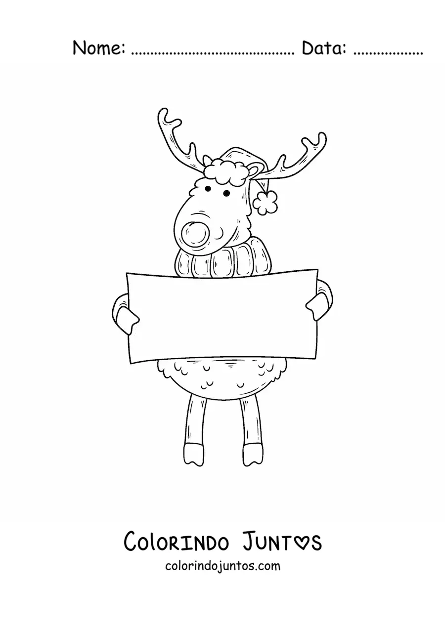 Desenho para colorir de rena com placa e gorro de Natal