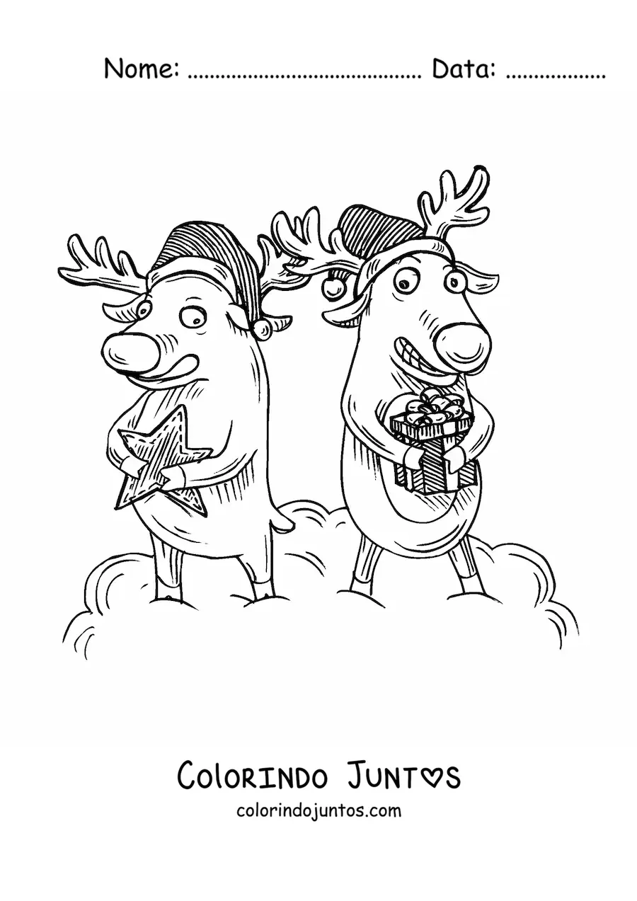 Desenho para colorir de renas natalinas com presentes em estilo cartoon