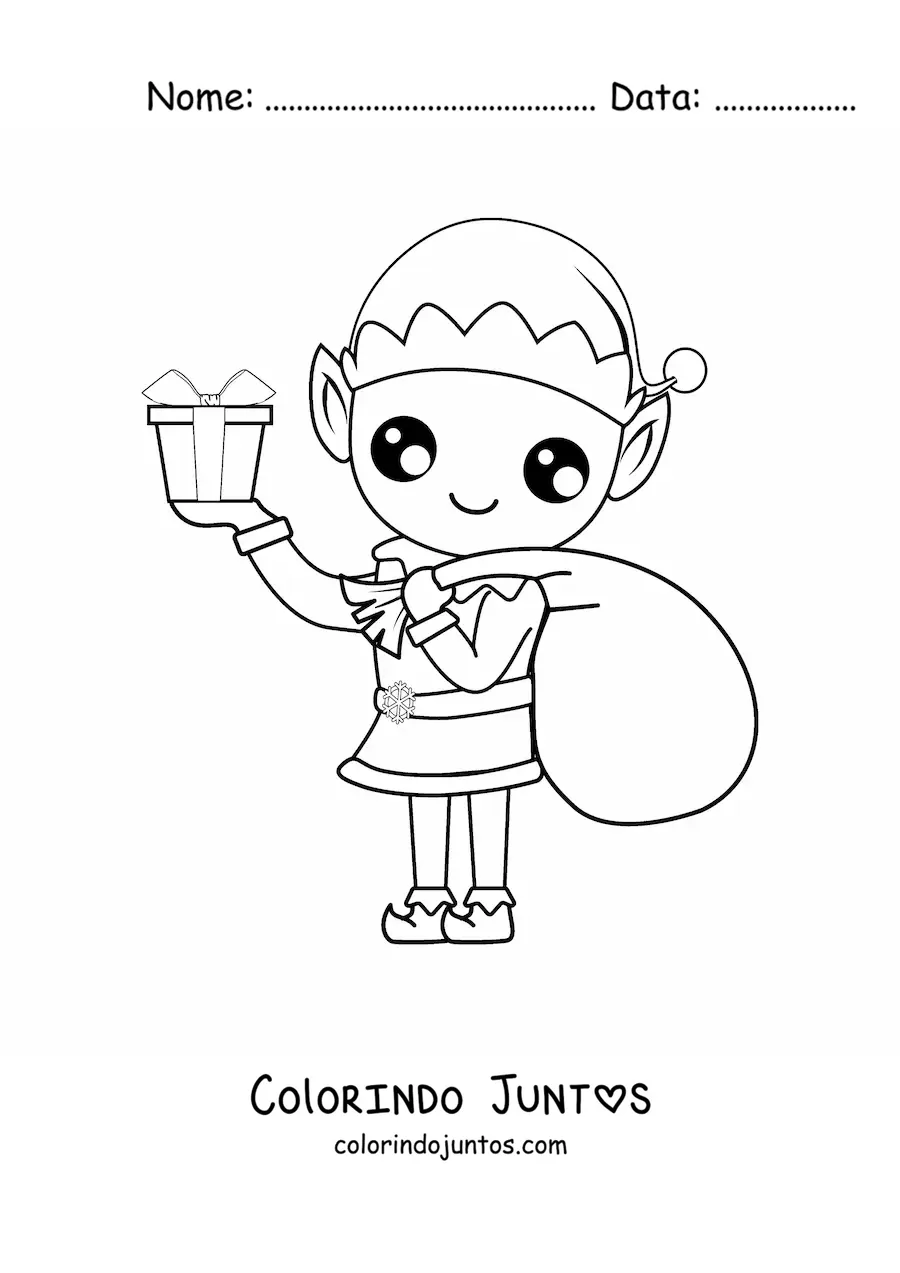 Desenho para colorir de duende de Natal com saco de presentes