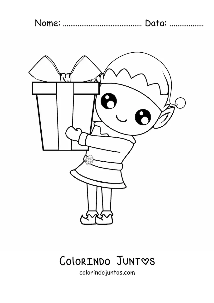Desenho para colorir de duende de Natal com presente