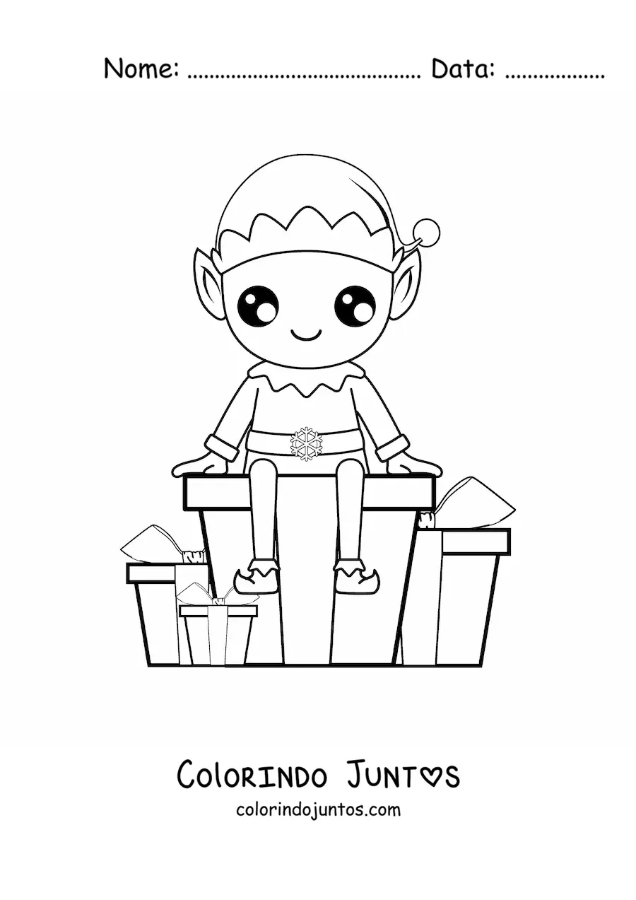 Desenho para colorir de duende de Natal com presentes