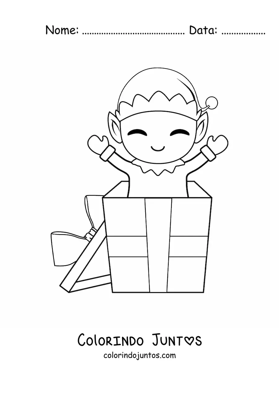 Desenho para colorir de duende de Natal sobre um presente