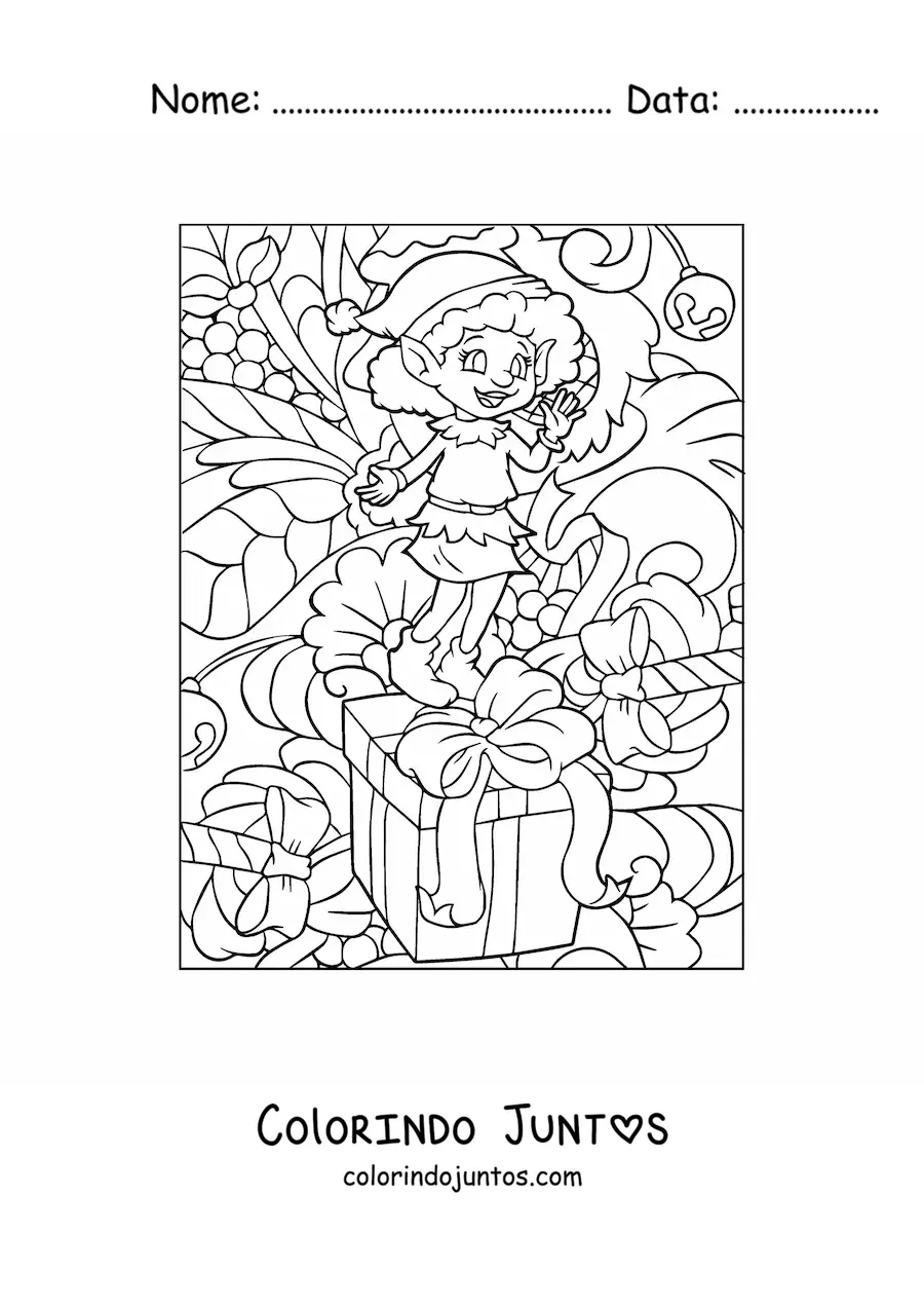 Desenho para colorir de menina duende de Natal com presente