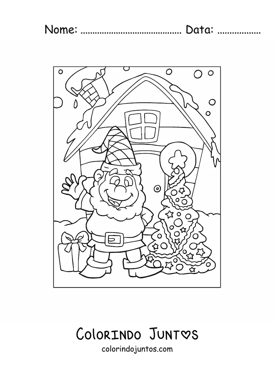 Desenho para colorir de duende de Natal com árvore