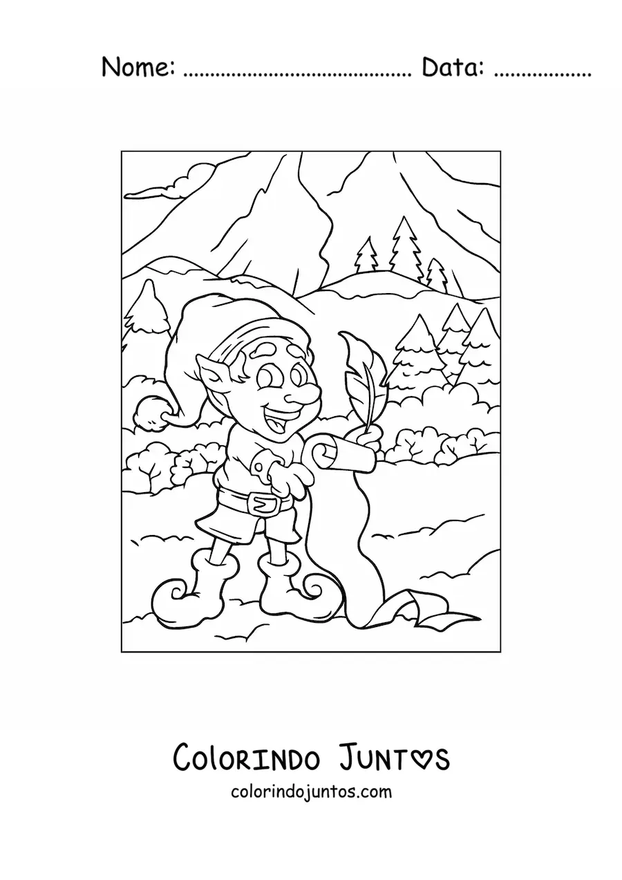 Desenho para colorir de duende de Natal com lista